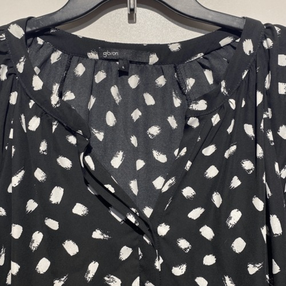 Gibson Womens Black White Brushstroke‎ Polka Dot Split V-Neck Blouse Large - Picture 5 of 12